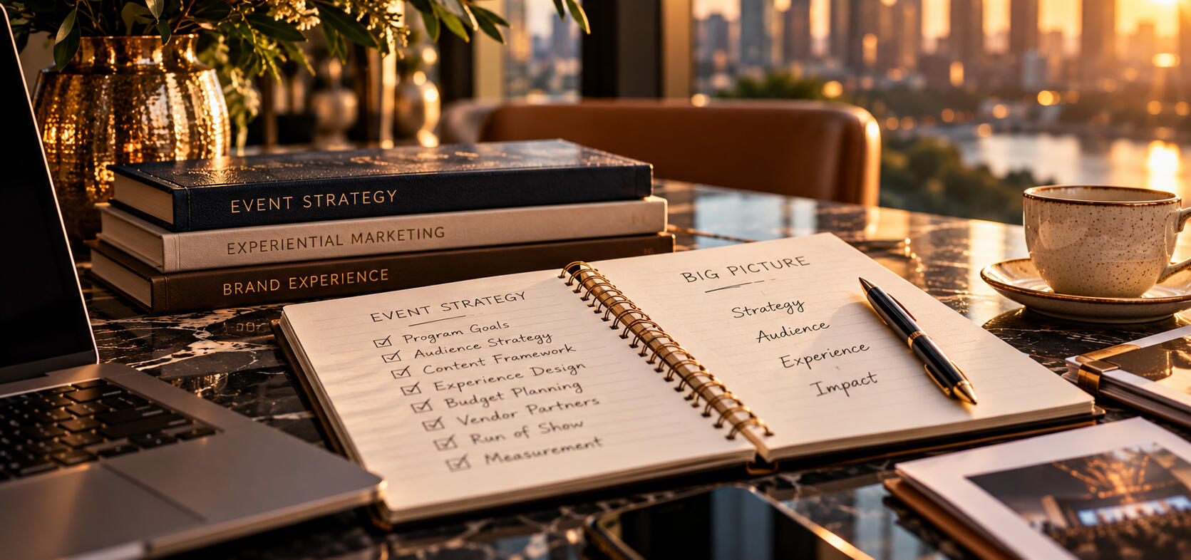 Event & Portfolio Strategy | Strategic Planning Open event strategy notebook with planning notes, a pen, and marketing books arranged on a desk.