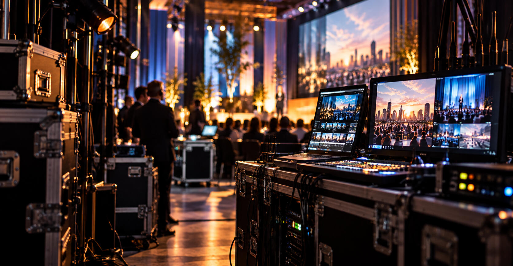 Event Production Management | Live Event Execution Behind-the-scenes view of a live corporate event featuring production equipment, video monitors, stage lighting, and an audience.